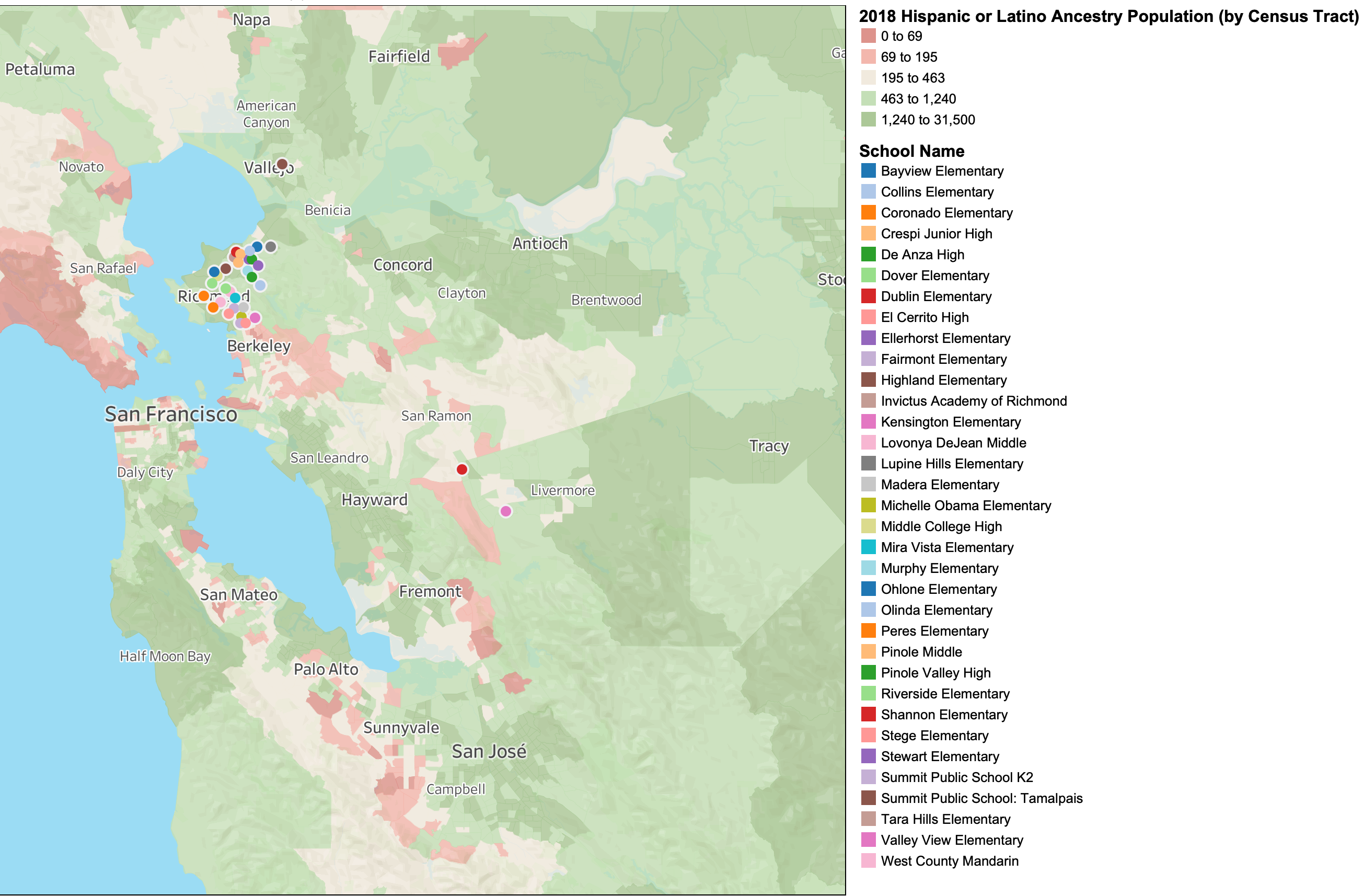 Map of Hispanic or Latino demographics in the Bay Area